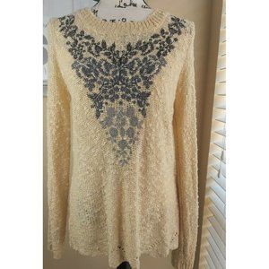 Solitaire Sweater Sz Small  Boho Marled Open Knit Beige Gray Fade-up Embroidered